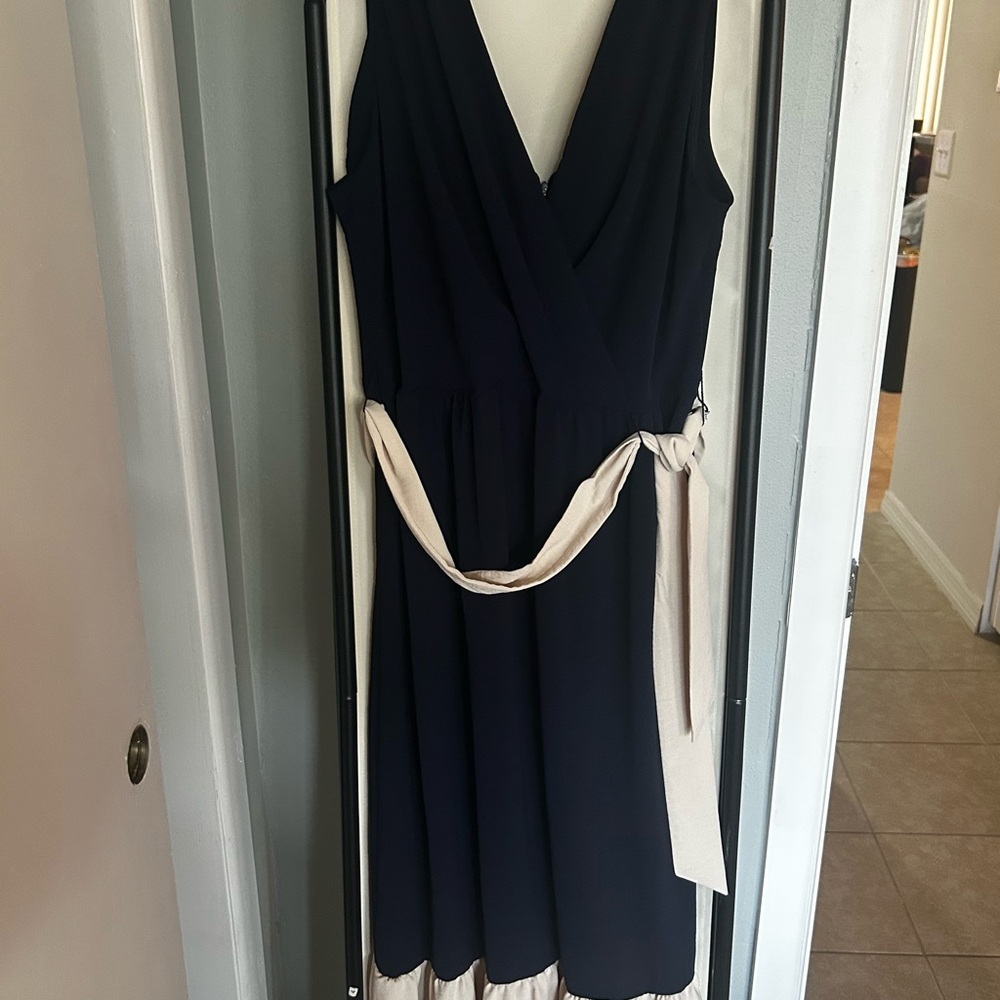 Dkny Blue and Cream Wrap Midi Dress